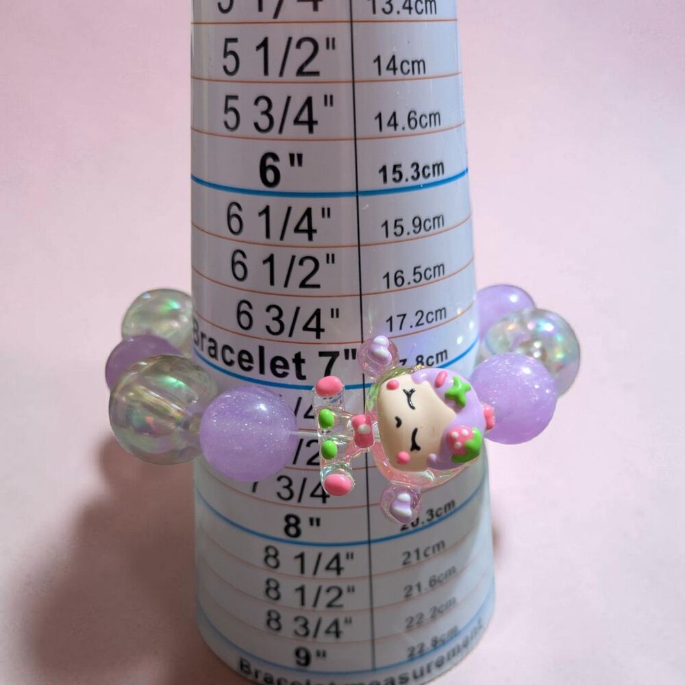 Handmade Kawaii Beaded Bracelet Pastel Purple Iridescent Cute Character Charm - Picture 3 of 3